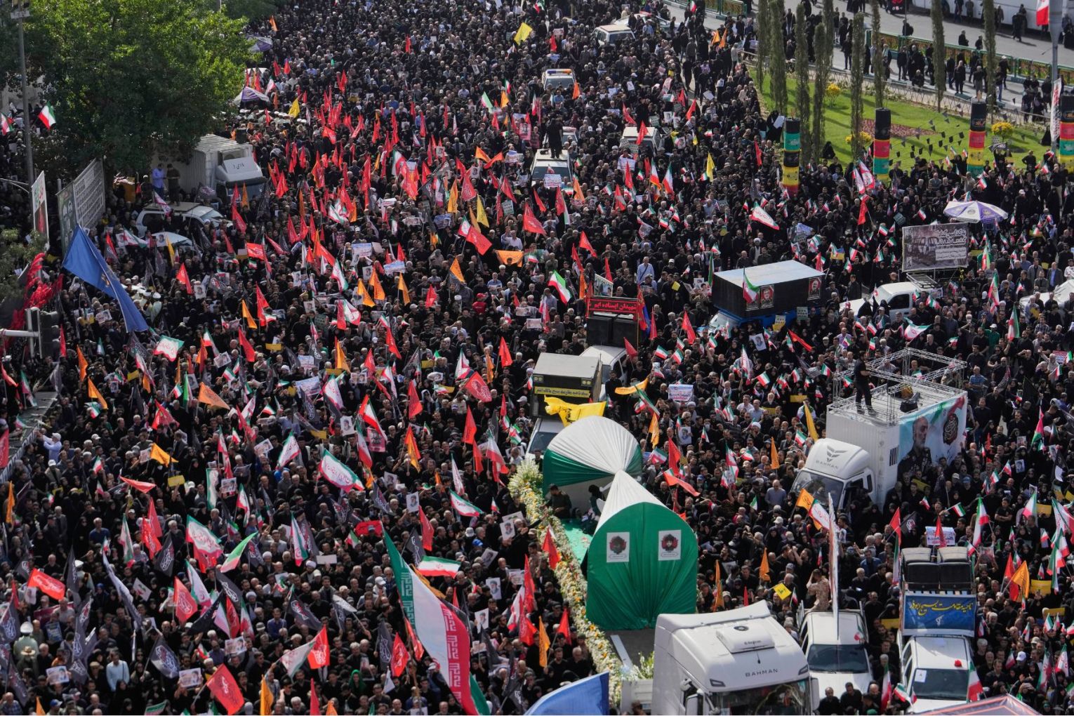 Mourners attend the funeral ceremony of the Iranian armed forces generals, nuclear scientists and their family members who were killed in Israeli strikes, in Tehran, Iran. Photo: Vahid Salemi/AP (June 28, 2025)