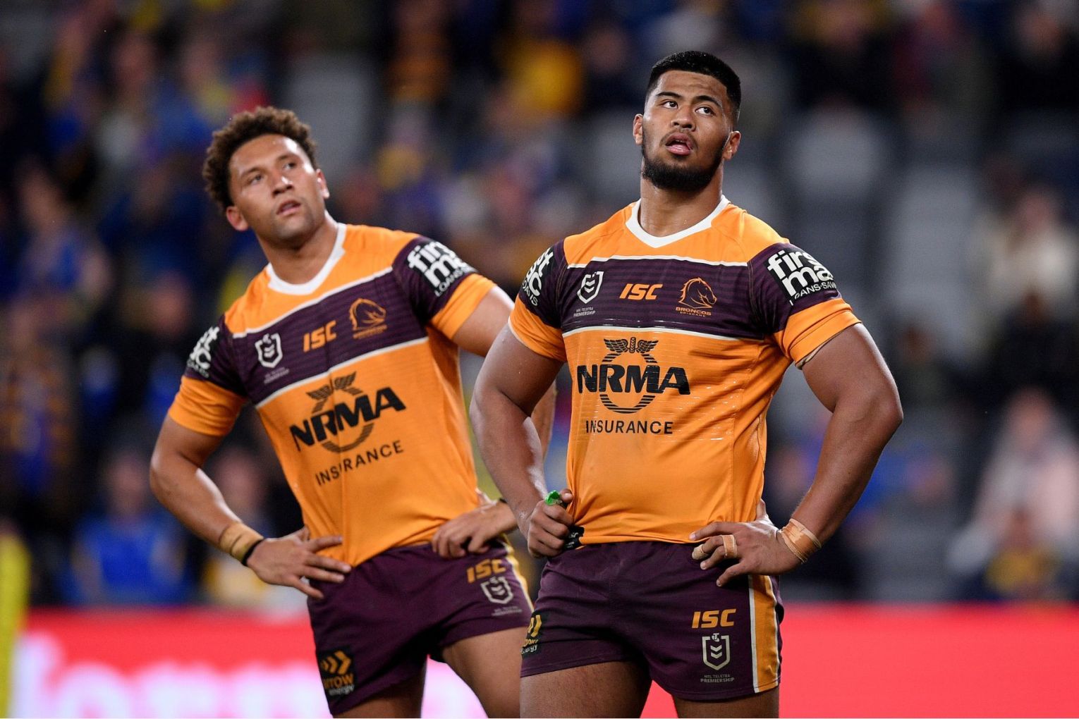 Gehamat Shibasaki and Payne Haas have walked different NRL paths since their early Broncos days. Photo: Dan Himbrechts/AAP.