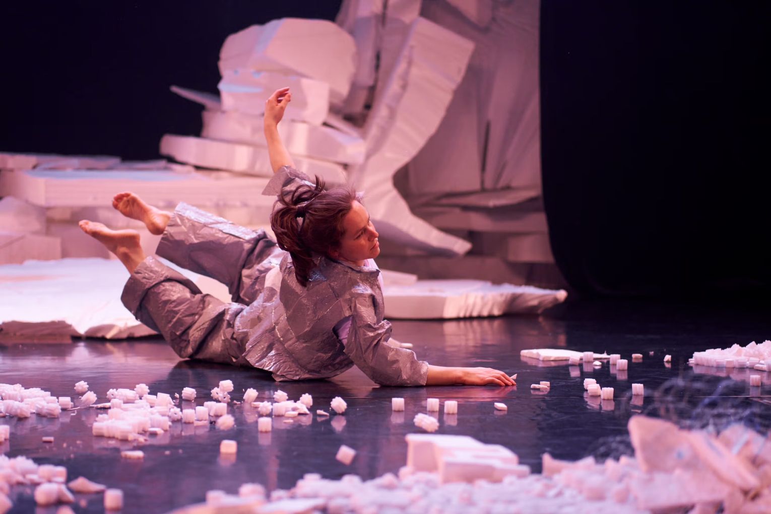 Cazna Brass performing in Alison Currie and Alisdair Macindoe's 2021 season of 'Progress Report' at Vitalstatistix. Designed by Meg Wilson, the production's set, costumes and props used materials diverted from landfill or intercepted prior to recycling. Early developments for the show used materials 'upcycled' via The French Brace. Photo: Sam Roberts / Supplied