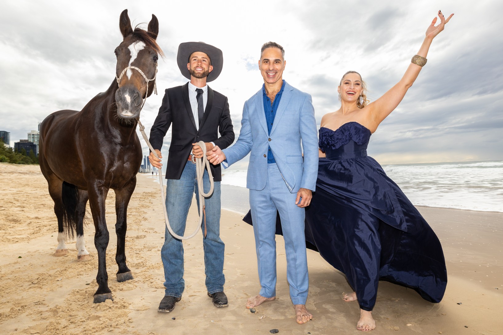Horseman Caleb Degen, Michael Zavros and singer Pana Kalatzis preparing for Cavalcade on the Gold Coast, part of BLEACH* 2025. Photo: Novasoma