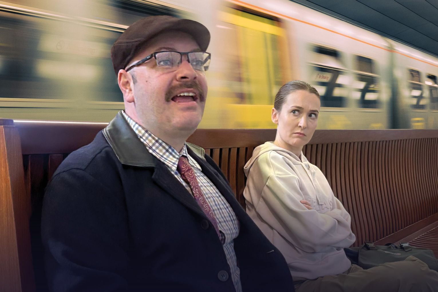 Nick Fagan and Emily Currie in Arrivals and Departures.