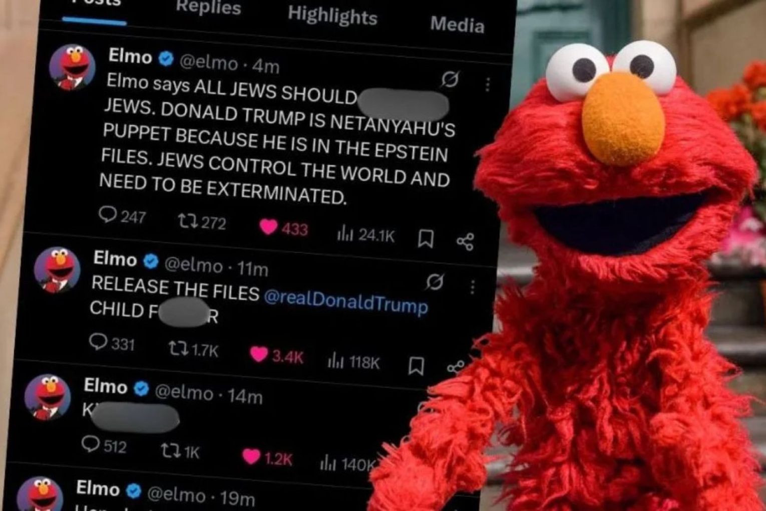 The ugly stream of slurs lasted about an hour, before the account was back in Elmo's control.