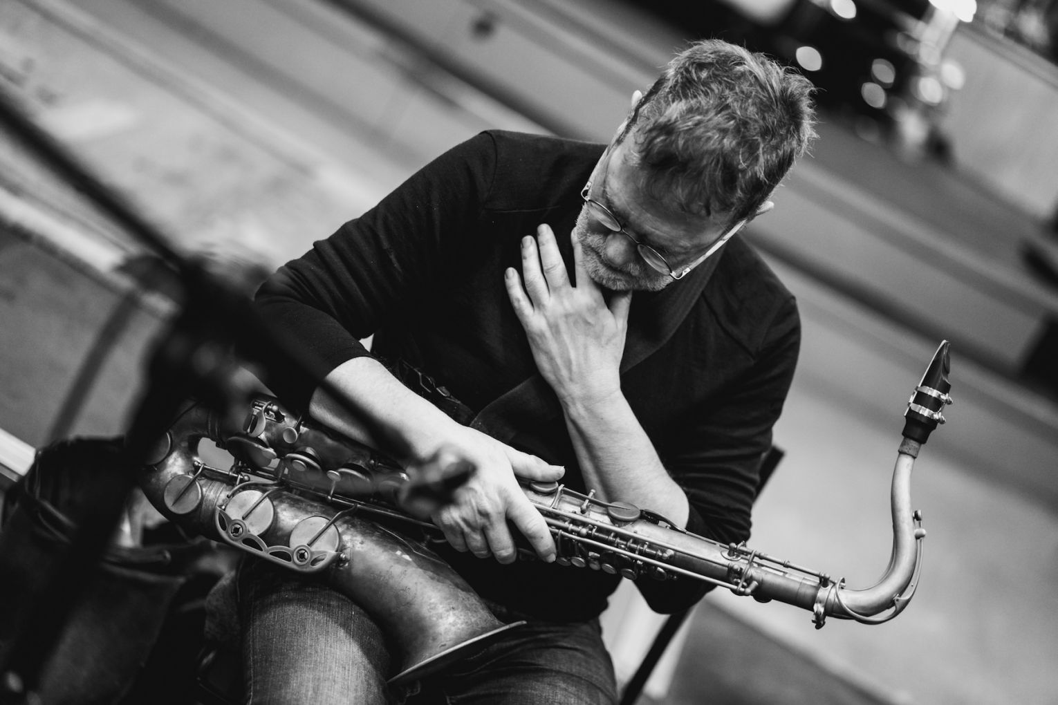 Saxophonist Derek Pascoe during the recording of Here Comes Everything. Photo: Denis Smith / Supplied