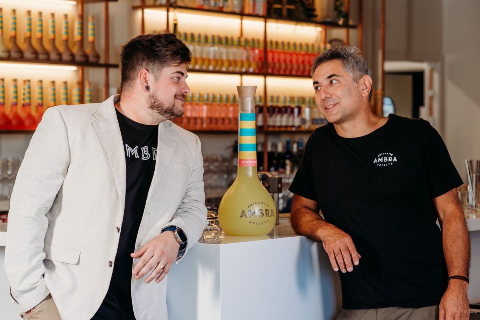 Ambra Distillery produces its award-winning limoncello using hand-peeled, South Australian-grown lemons steeped in a neutral spirit made from Barossa Valley grapes. L-R: Ambra Distillery co-owners Finn Healey and Nando Focareta. Photo: Supplied