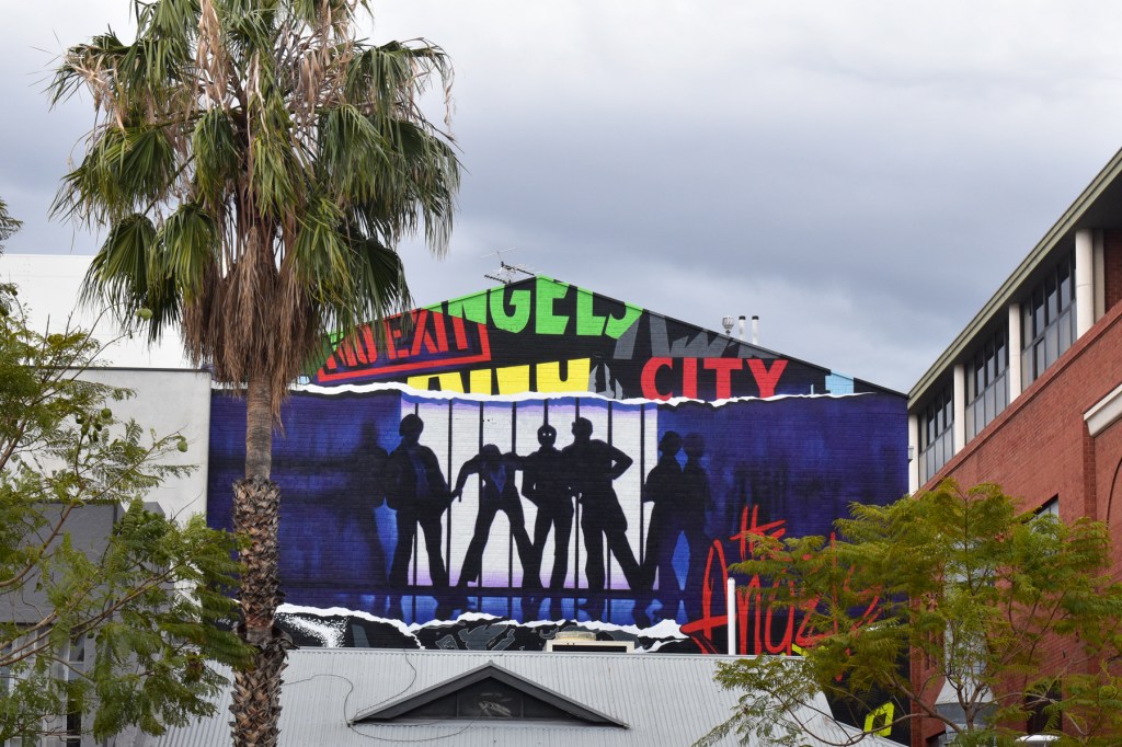 A mural of the Angels on the side of Hindley Street Music Hall ,visible from Morphett Street is part of the laneways features. Pictures: Helen Karakulak 
