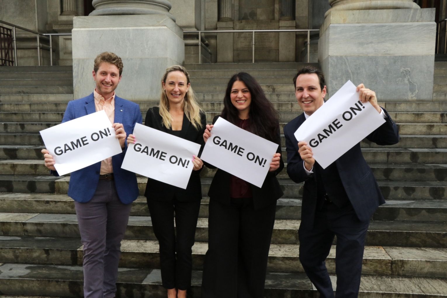 The Sarah Game Fair Go For Australians party unveiled two new candidates ahead of the March 2026 state election. Left to right: Jake Hall-Evans, Sarah Game, Angela Rojas and Henry Davis. Photo: Charlie Gilchrist/InDaily