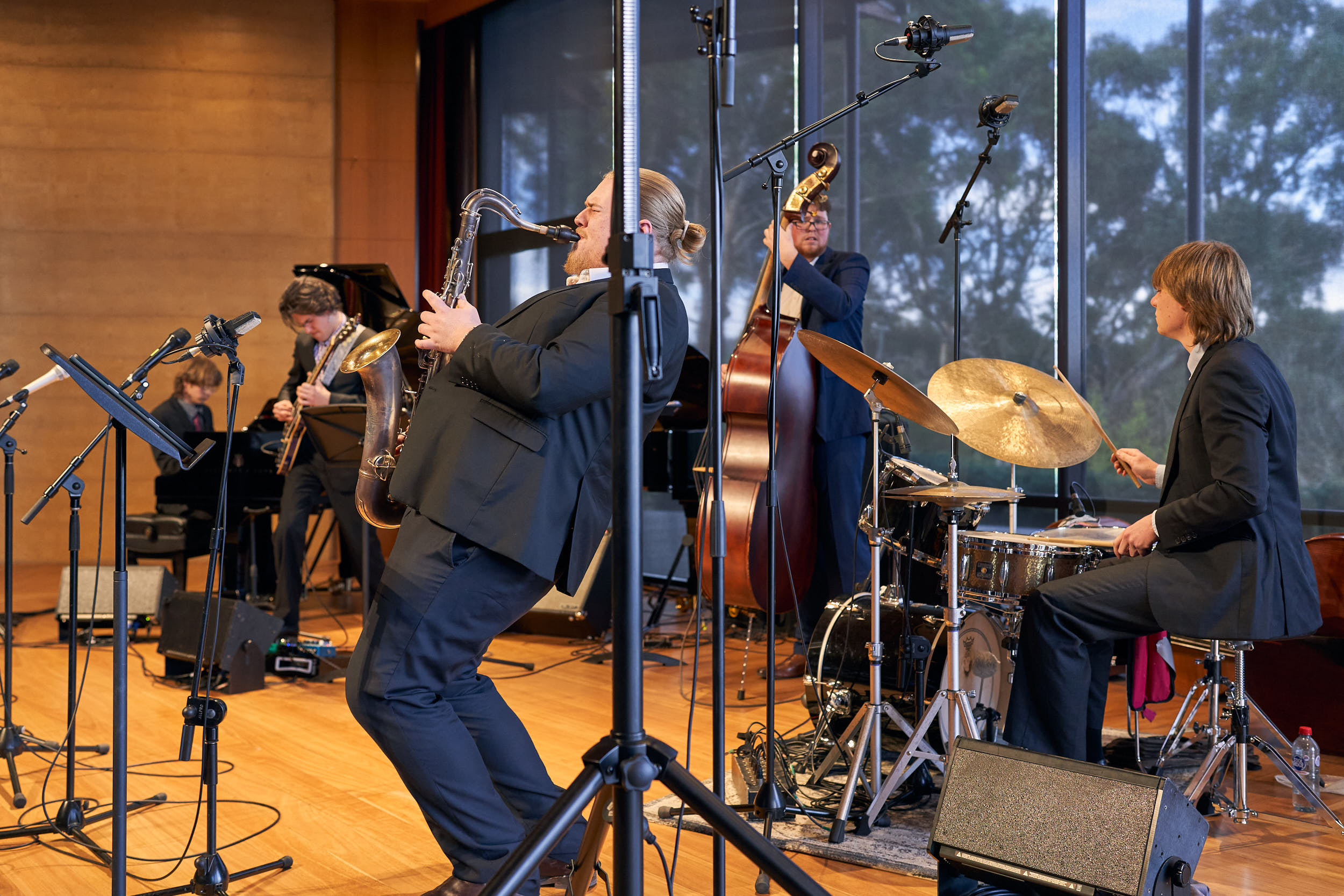 Left to right: Chair Anderson, Kallan Francis, Lachlan McGargill, Jacob Phillips and Lachlan Durrans perform at A Night of Jazz. Photo: Sam Roberts / Courtesy of Helpmann Academy