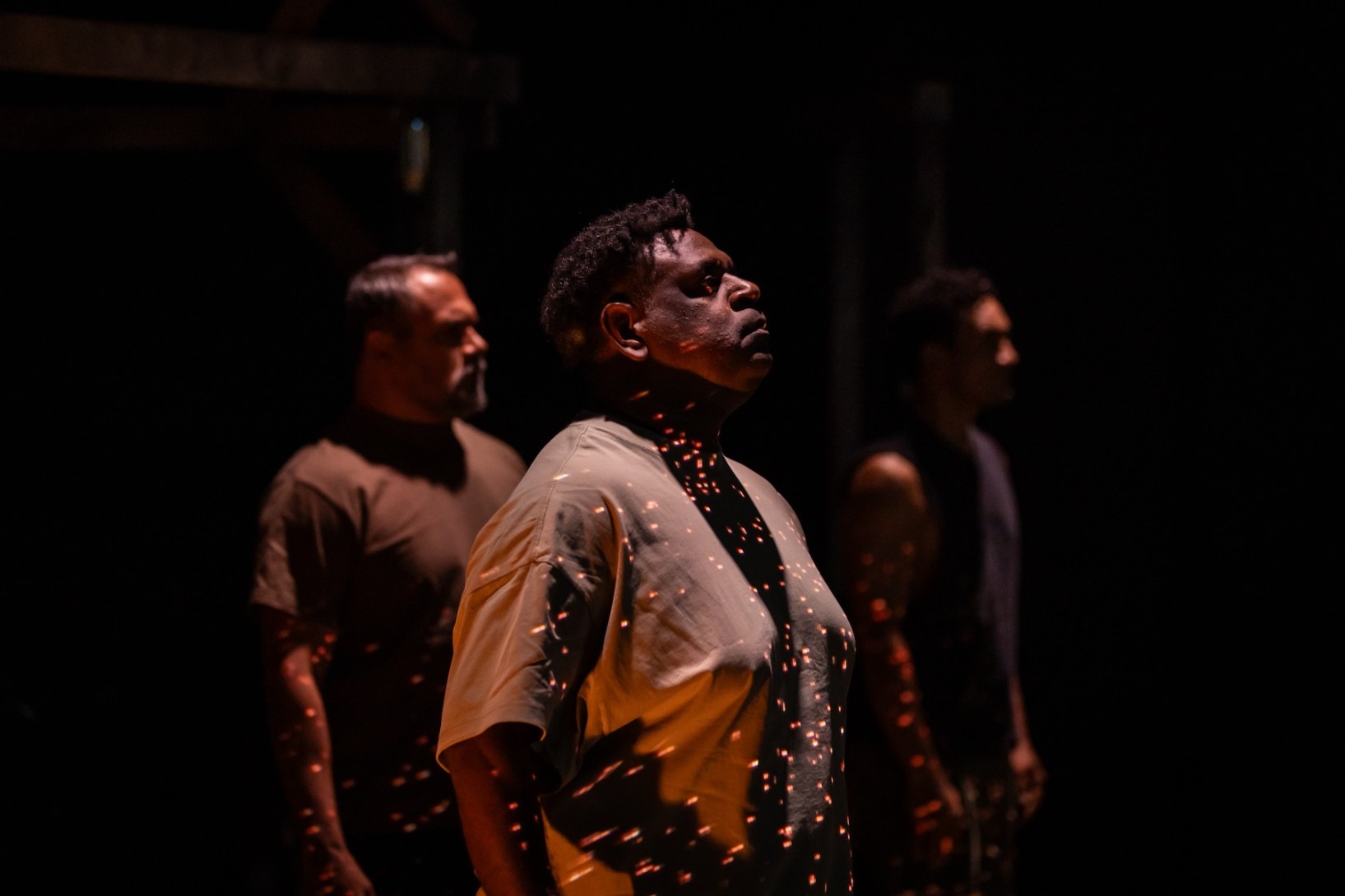 Jimi Bani (centre) with Aaron Pedersen (left) and Waangenga Blanco (right) in Dear Son. Photo: David Kelly / Supplied