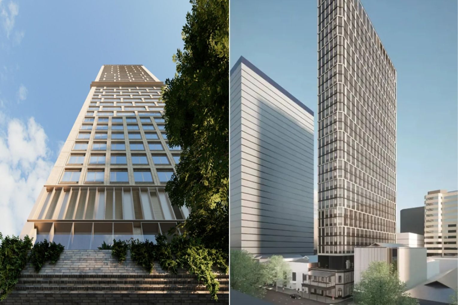 Plans for a student accomodation tower on Pulteney Street (left) and Currie Street (right) are the latest to be approved. Left render: Intro, Right render: Telha Clarke Architects