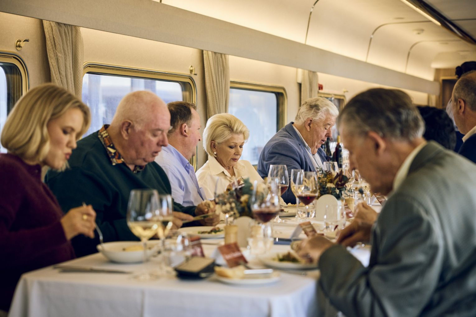 Guests included, from left, Stacey Chau, Journey Beyond’s Guest Experience Manager, Owen Andrews and Andrew Young, who are both involved in the off-train experience at Seppeltsfield, and Alison and Phil Hoffmann.