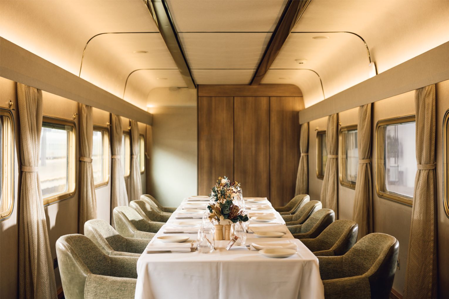 Dinner on the go - the sumputous dining room onboard The Ghan.