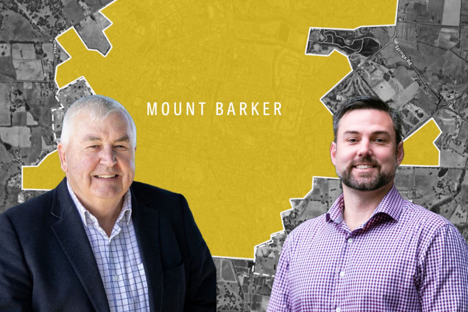Mount Barker Mayor David Leach (left) says a road that's cut off will be fixed as developments like Ian Day's (right) gets underway. Graphic: James Taylor