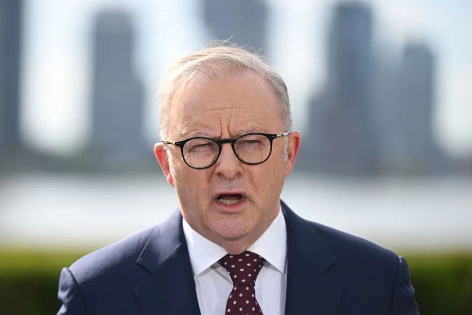 Prime Minister Anthony Albanese outside the UN headquarters after landing in New York.