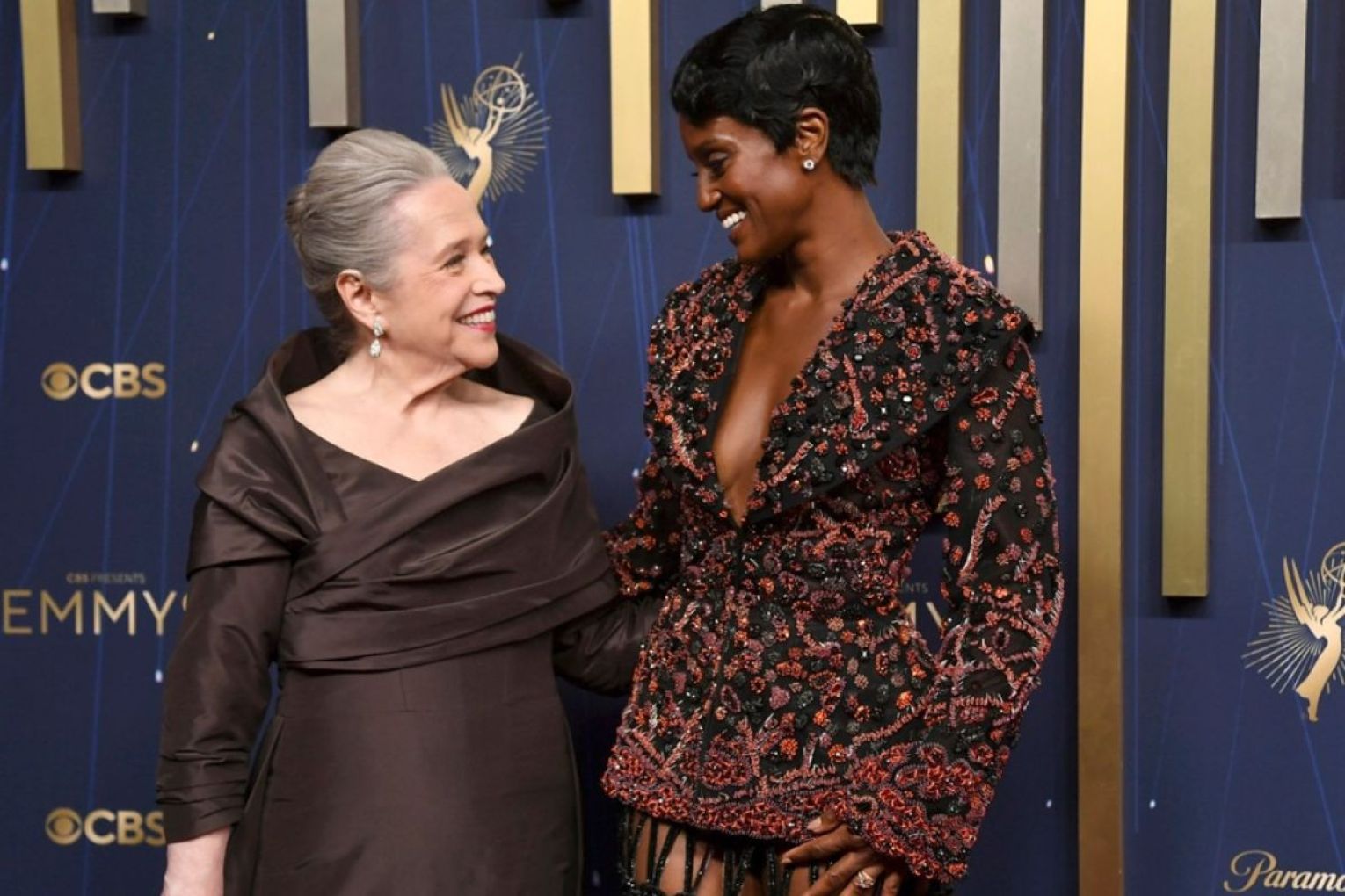 Kathy Bates, left, and Skye P. Marshall arrive for Sundays Emmys ceremony. Photo: AAP