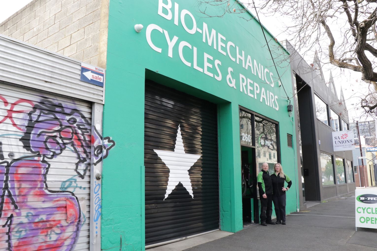 Gothic Cycles co-owners Pete Hague (left) and Lia Weston (right). This picture: Callum Kulikowski.