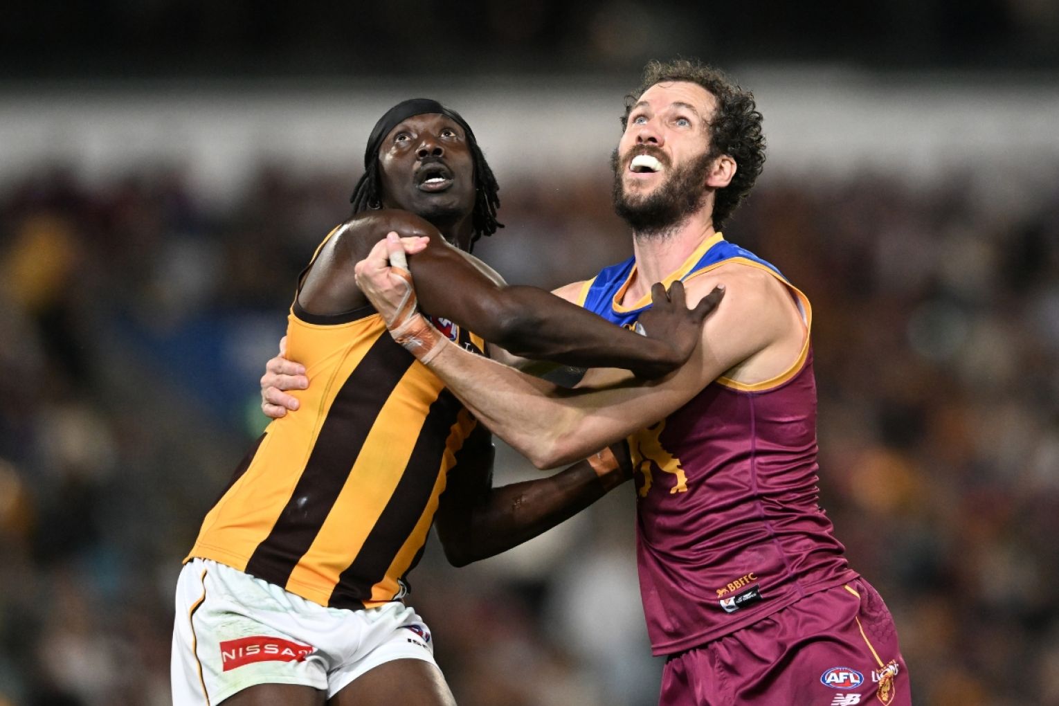 Brisbane ruck Darcy Fort (R) is finally enjoying a good run after a long period looking on. Photo: Darren England/AAP