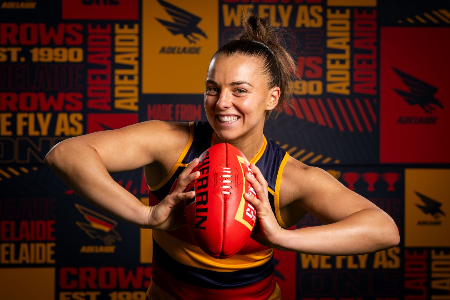 Crows co-captain Ebony Marinoff will play her 100th game next weekend. Photo credit  Sarah Reed/AFL Photos.