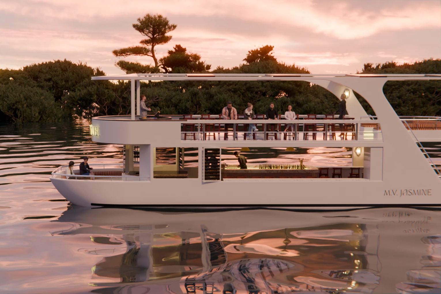 A render of M.V. Jasmine, Byron Bay’s luxe floating bar