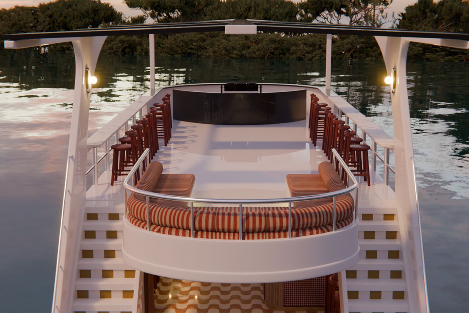 A render of M.V. Jasmine, Byron Bay’s luxe floating bar