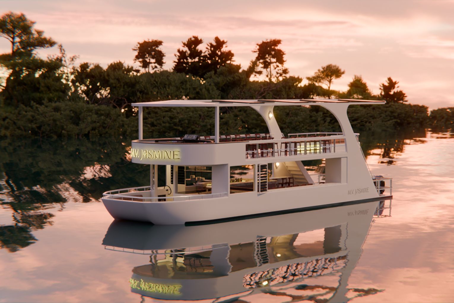 A render of M.V. Jasmine, Byron Bay’s luxe floating bar