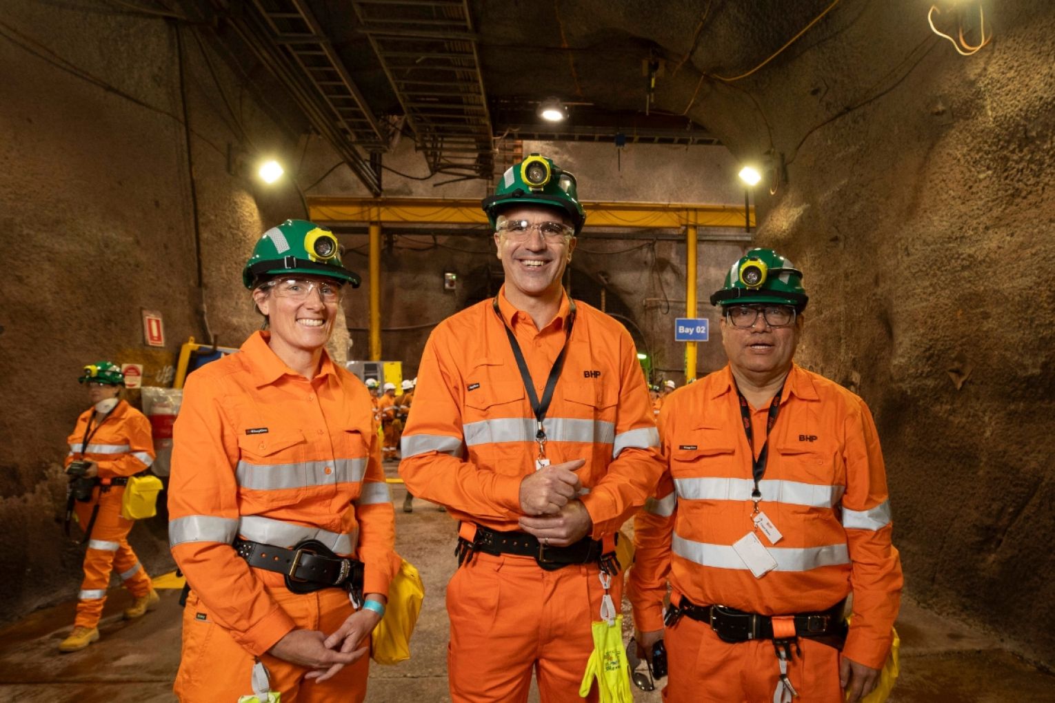 SA Premier Peter Malinauskas at Olympic Dam for the announcement with BHP's Anna Wiley and Edgar Basto. Picture: NewsWire / Brett Hartwig