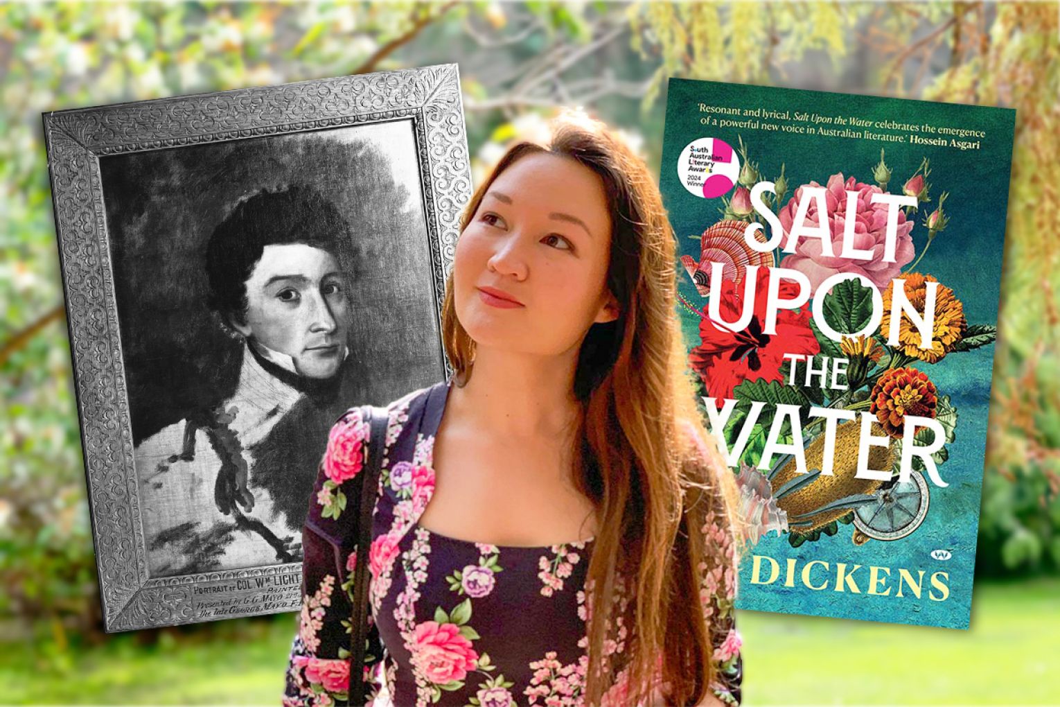 A self-portrait of Colonel William Light inspired author Lyn Dickens' debut novel. Image: State Library of South Australia / Wakefield Press. Composite by Jayde Vandborg