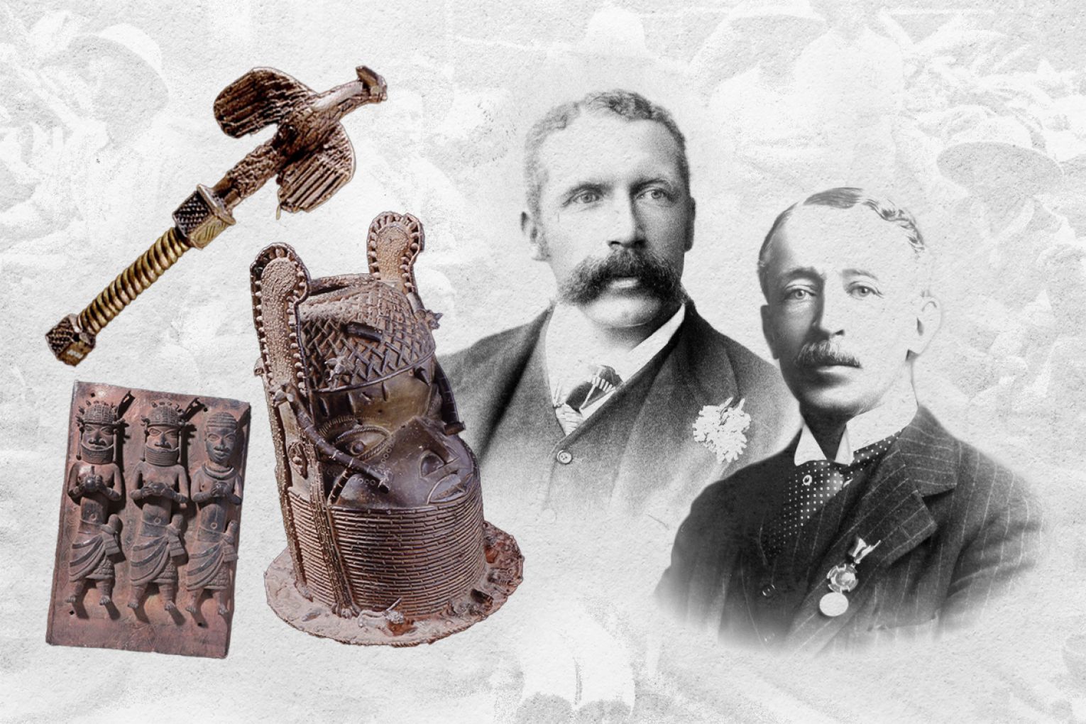 'We could not attempt to open up the country by means of smiles and white umbrellas', South Australia's 17th governor Sir Henry Galway (right) later recalled of his involvement in the 1897 Benin Punitive Expedition. A small collection of 'Benin Bronzes' taken from the city were subsequently acquired for the South Australian Museum by its director, Edward Charles Stirling (centre). Image: South Australian Museum, State Library of South Australia. Composite by Jayde Vandborg