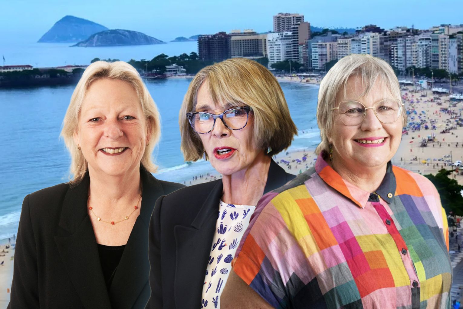 Adelaide Lord Mayor Dr Jane-Lomax Smith, Onkaparinga Mayor Moira Were and Mitcham Mayor Heather Holmes-Ross will be in Brazil for a major gathering of local government leaders. Graphic: Jayde Vandborg/InDaily