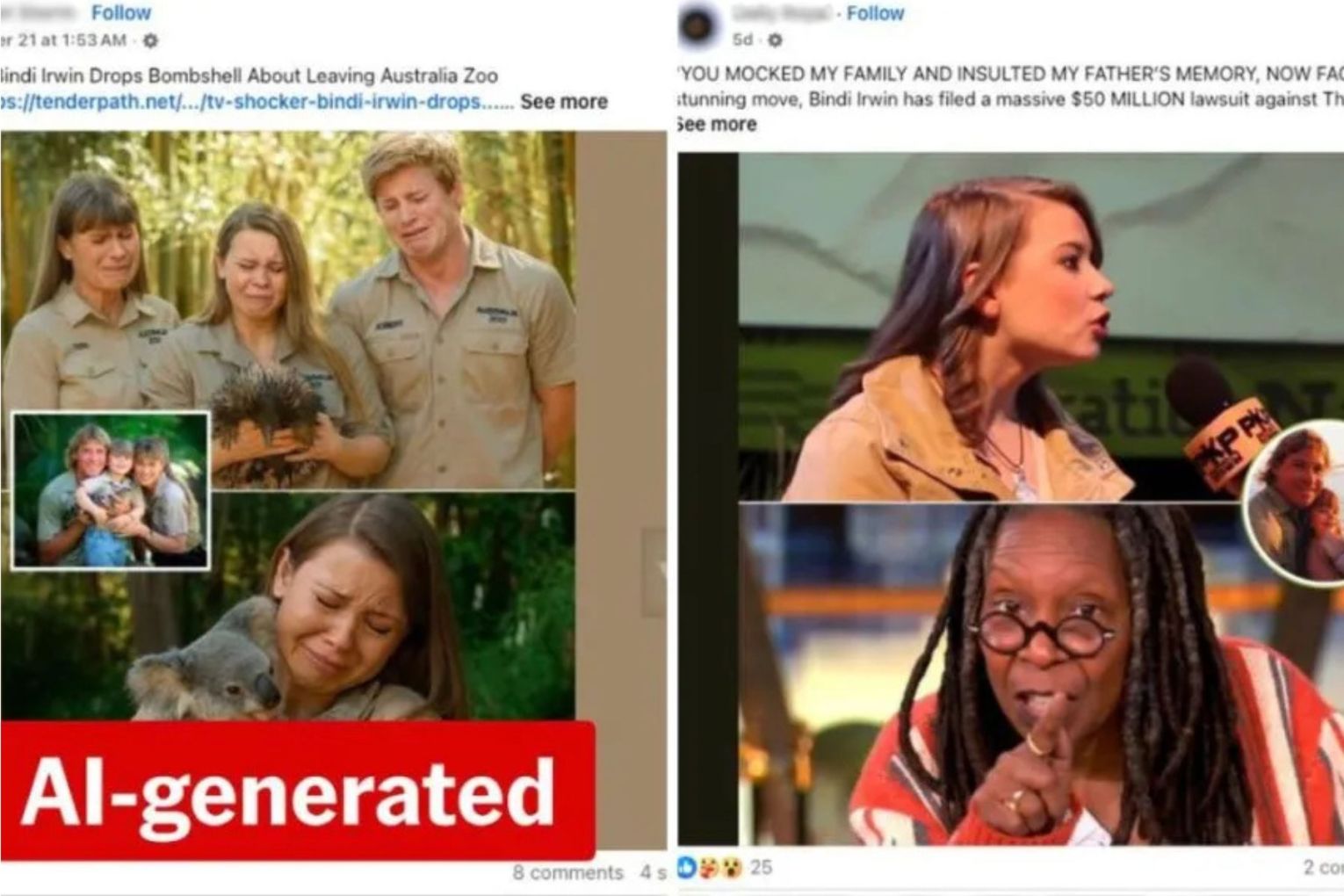 Fake posts involving the Irwin family have used real and AI-manipulated images to generate clicks. Photos: AAP