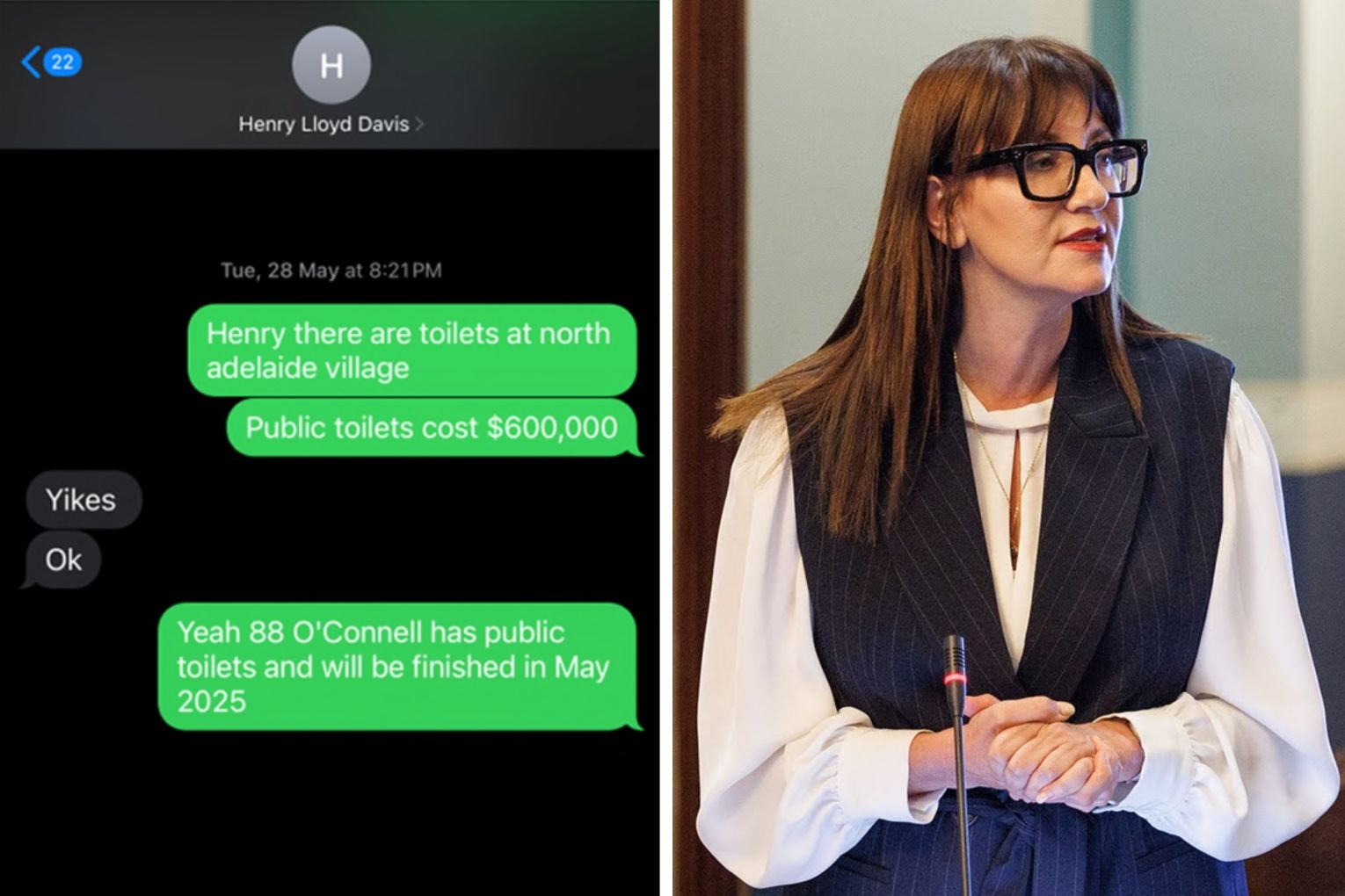 Councillor Mary Couros (right) apologised for breaching the Local Government Act after text messages (left) between her and another councillor were investigated by the Ombudsman. Right photo: Tony Lewis/InDaily.