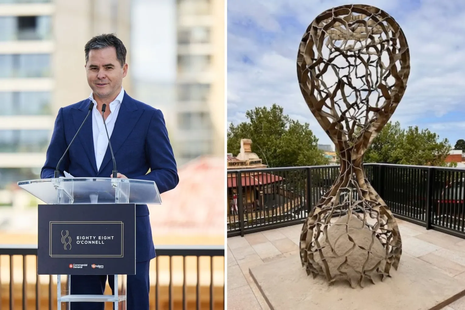 The 88 O'Connell Street developer says his artistic debut could be controversial. Left picture: Jamie McClurg via LinkedIn. Right picture: 'Waste of Time', InDaily.