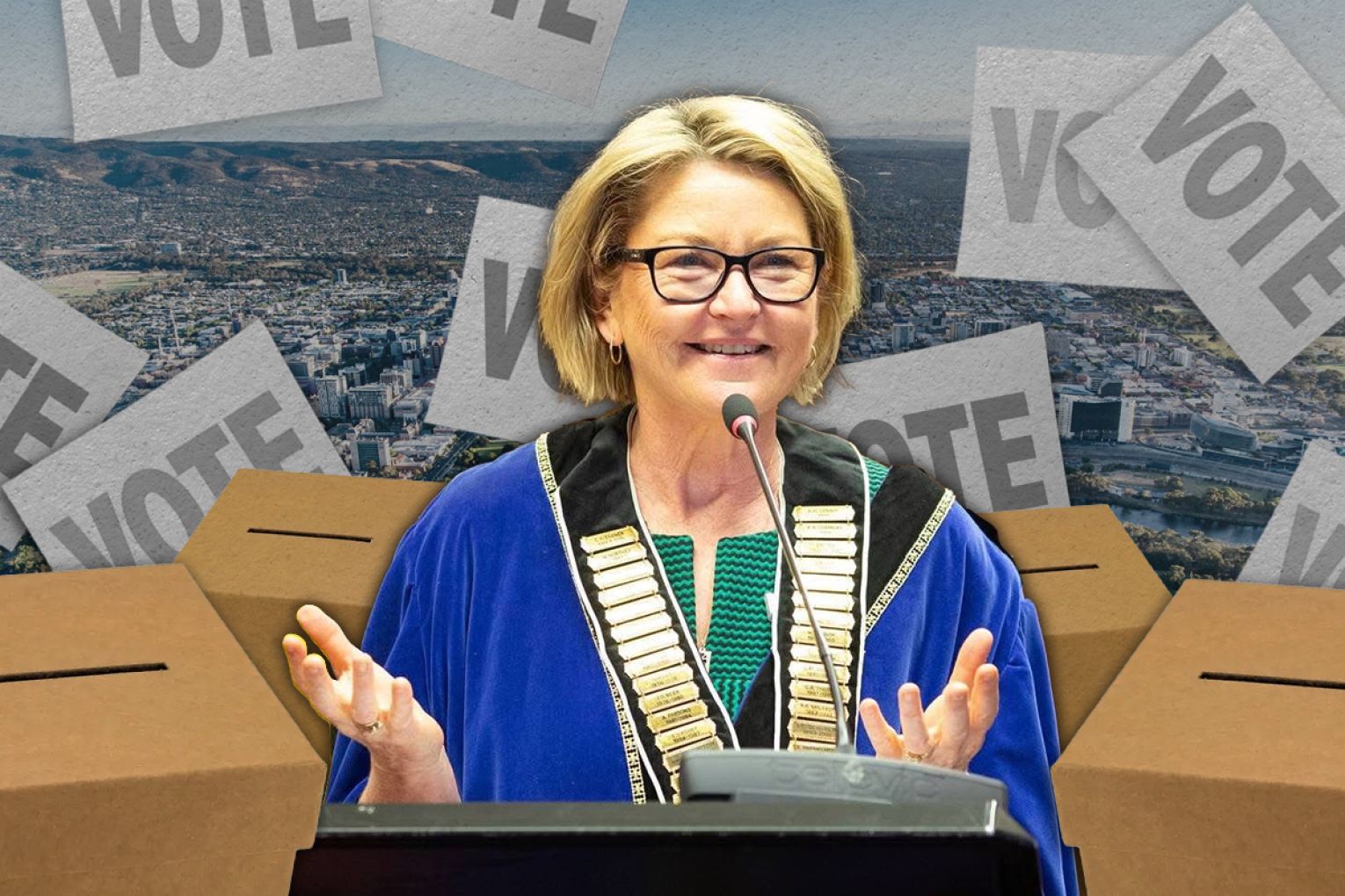 Victor Harbor Mayor Moira Jenkins has called on SA Mayors to boost voter turnout. Photo: City of Victor Harbor Facebook. Graphic: Jayde Vandborg