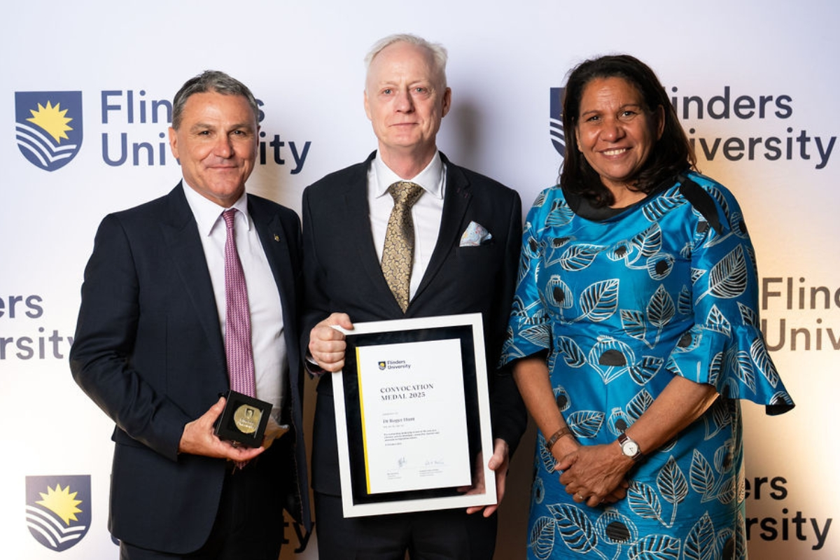 Flinders University Chancellor John Hood, Dr Roger Hunt and Flinders University Deputy Chancellor Leanne Liddle