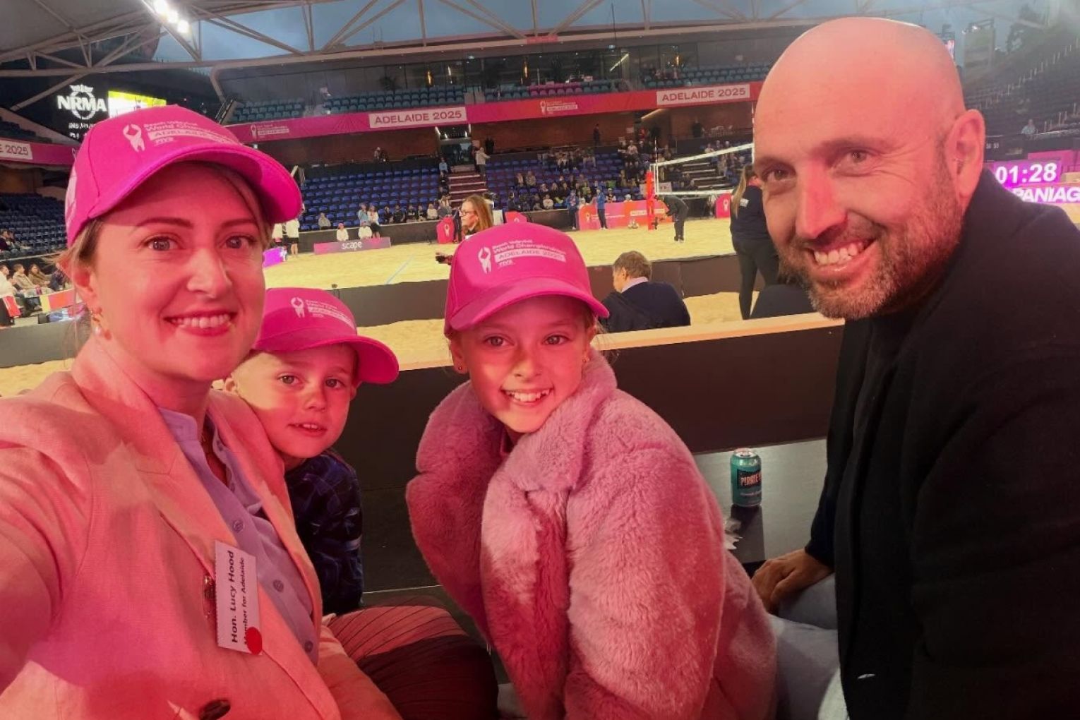 Empty stands surround Environment Minister Lucy Hood when she attended the volleyball world championships on Monday. Picture: Lucy Hood on Facebook