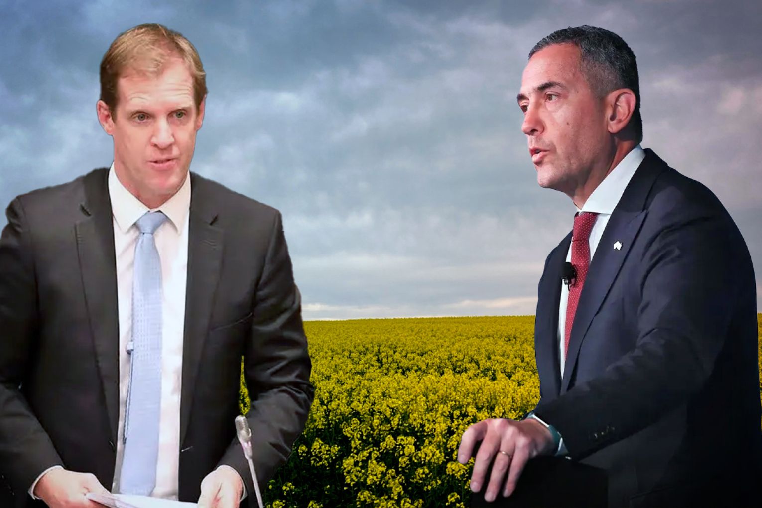 The Opposition's Stephen Patterson and Treasurer Tom Koutsantonis have gone head-to-head over the details of new mining legislation. Graphic: James Taylor/InDaily. Background picture: Grain Producers SA/Facebook