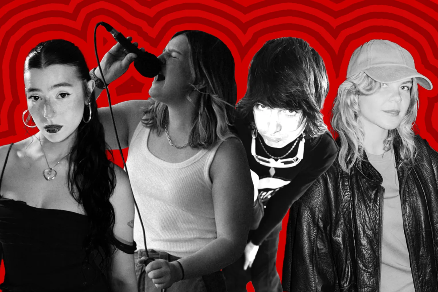 Effie Isobel, Bianca Feher, Jackulson and Ella Ion are part of a more than 15-strong lineup of local artists playing across three venues in support of Palestine this weekend. Graphic: Jayde Vandborg/CityMag.