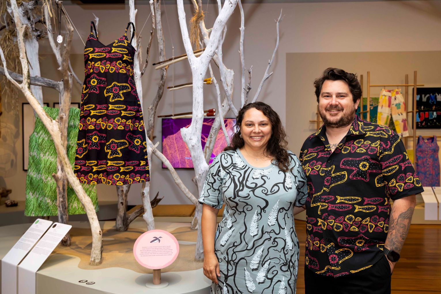 Amanda Hayman and Troy Casey at the Museum of Brisbane where the exhibition Stories You Wear: Magpie Goose is wowing visitors: Photo: Claudia Baxter