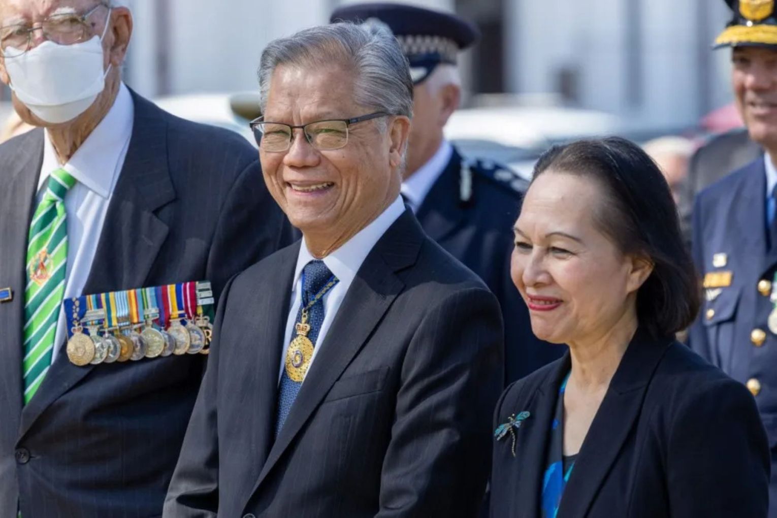 Former governor and refugee Hieu Van Le and wife Lan Le outside the Vietnam War Memorial. Picture: Tony Lewis/InDaily