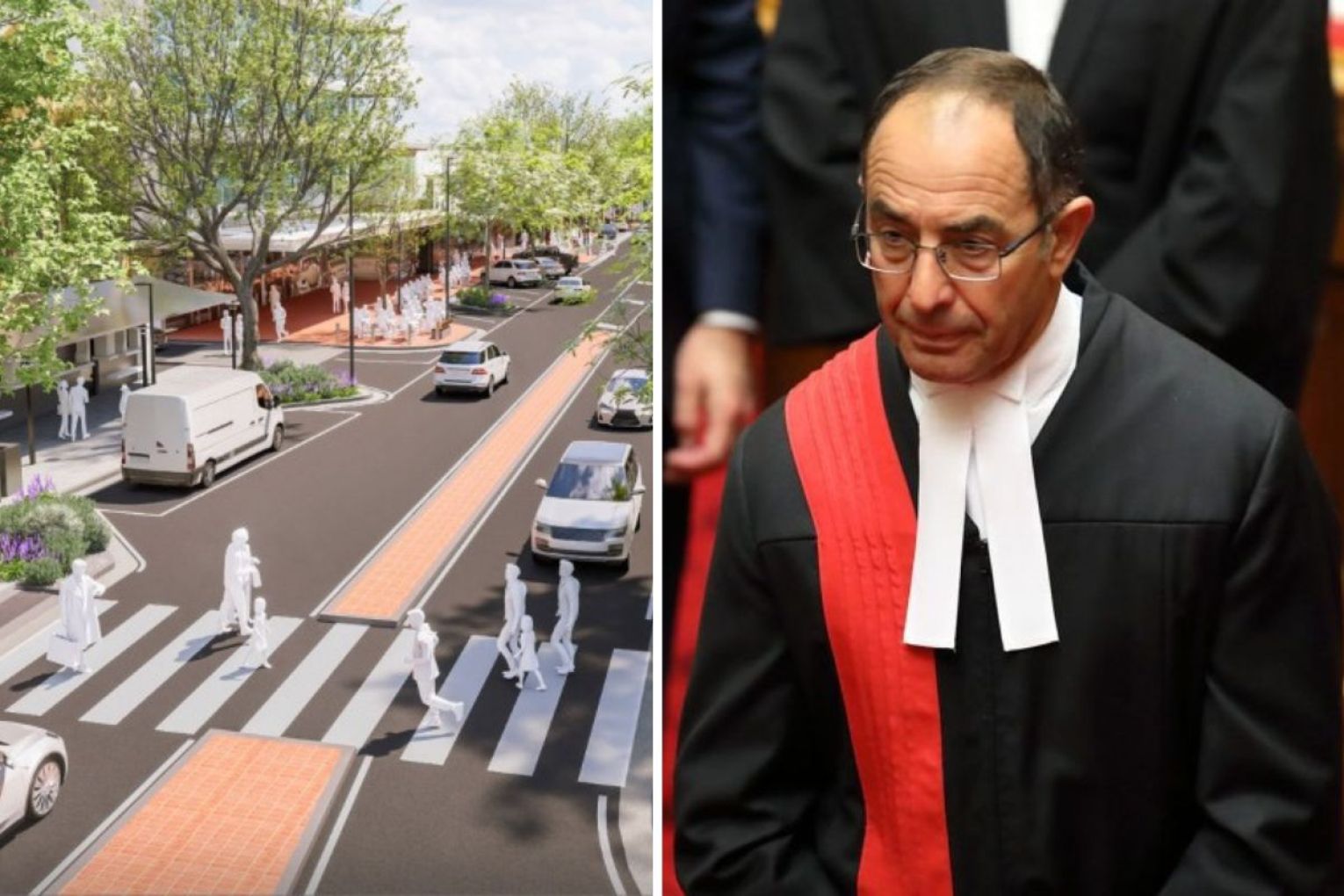 SA's Chief Justice (right) has thrown the courts weight behind a feature of the council's Gouger Street upgrade plans. Left picture: Adelaide City Council. Right picture: Tony Lewis/InDaily 