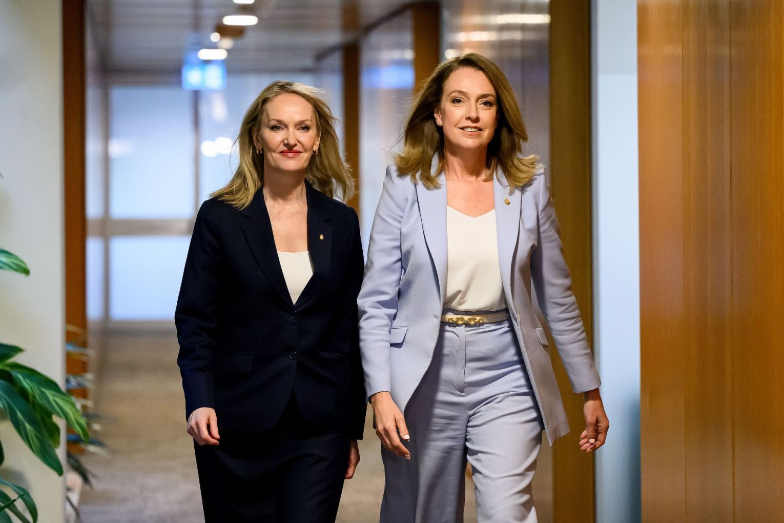 NSW Opposition Deputy Leader Natalie Ward (left), and newly elected NSW Opposition Leader Kellie Sloane emerge from the party room at New South Wales Parliament House in Sydney, Friday, November 21, 2025.  Picture: AAP/Bianca De Marchi