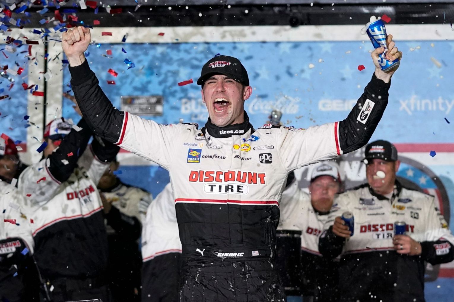 Austin Cindric celebrates in Victory Lane after winning the NASCAR Daytona 500 auto race at Daytona International Speedway, Sunday, Feb. 20, 2022, in Daytona Beach, Fla. (AP Photo/John Raoux)