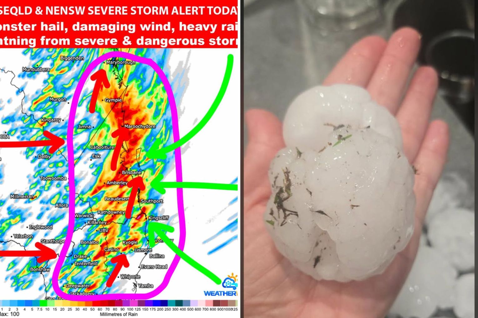 Higgins Storm Chasing has posted a storm warning to Facebook. Giant hail hit over the weekend. 
