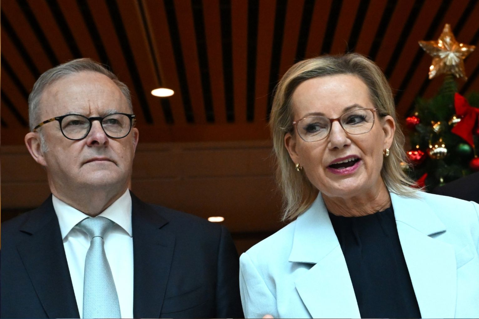 Australian Opposition Leader Sussan Ley and Australian Prime Minister Anthony Albanese speak to the media after the launch the 38th annual Kmart Wishing Tree Appeal Parliament House in Canberra, Monday, November 3, 2025. Picture: AAP Image/Lukas Coch