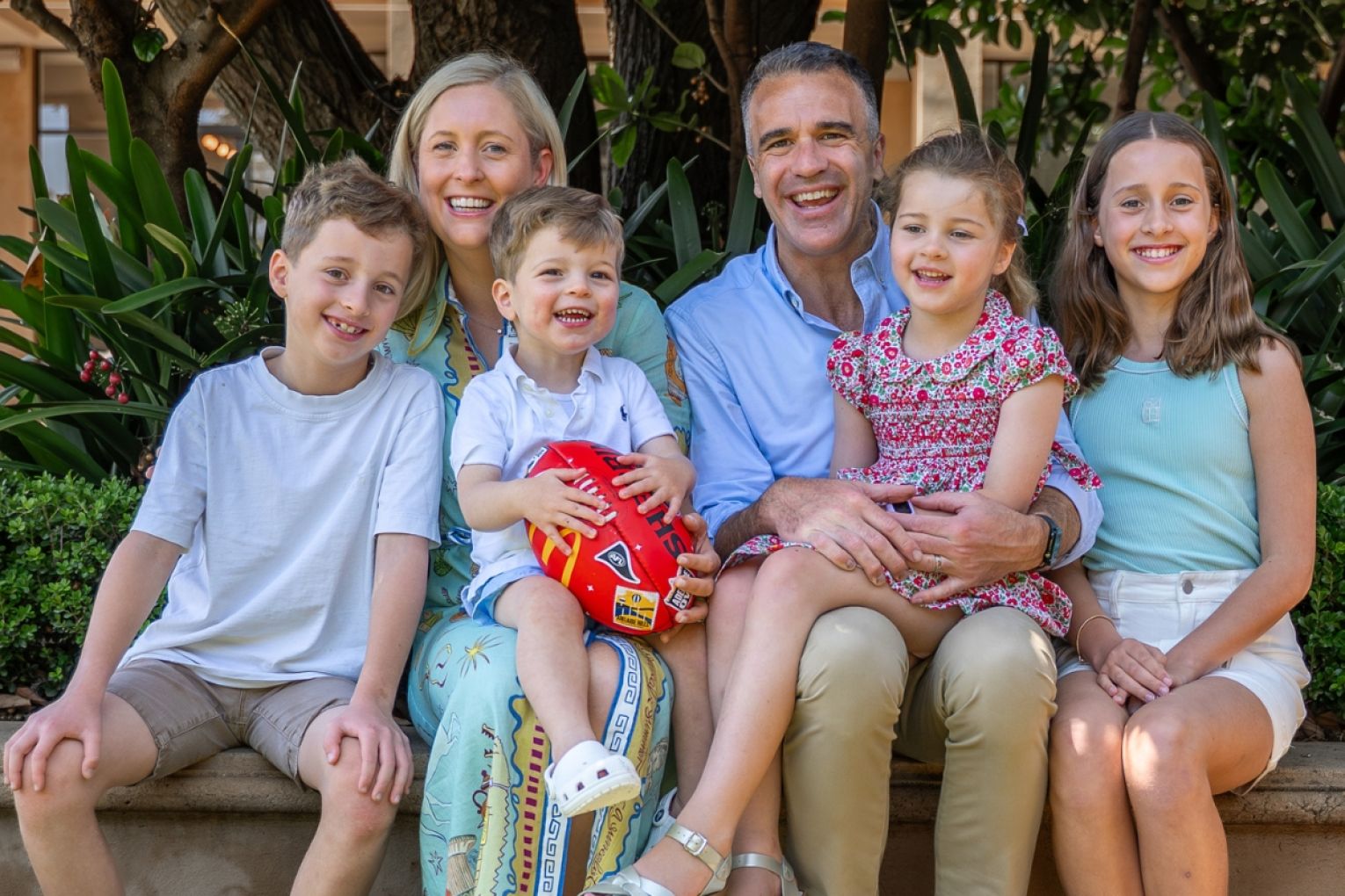 Premier Peter Malinauskas with his wife, Annabel West, and their children. From left: Jack, George, Eliza and Sophie. 