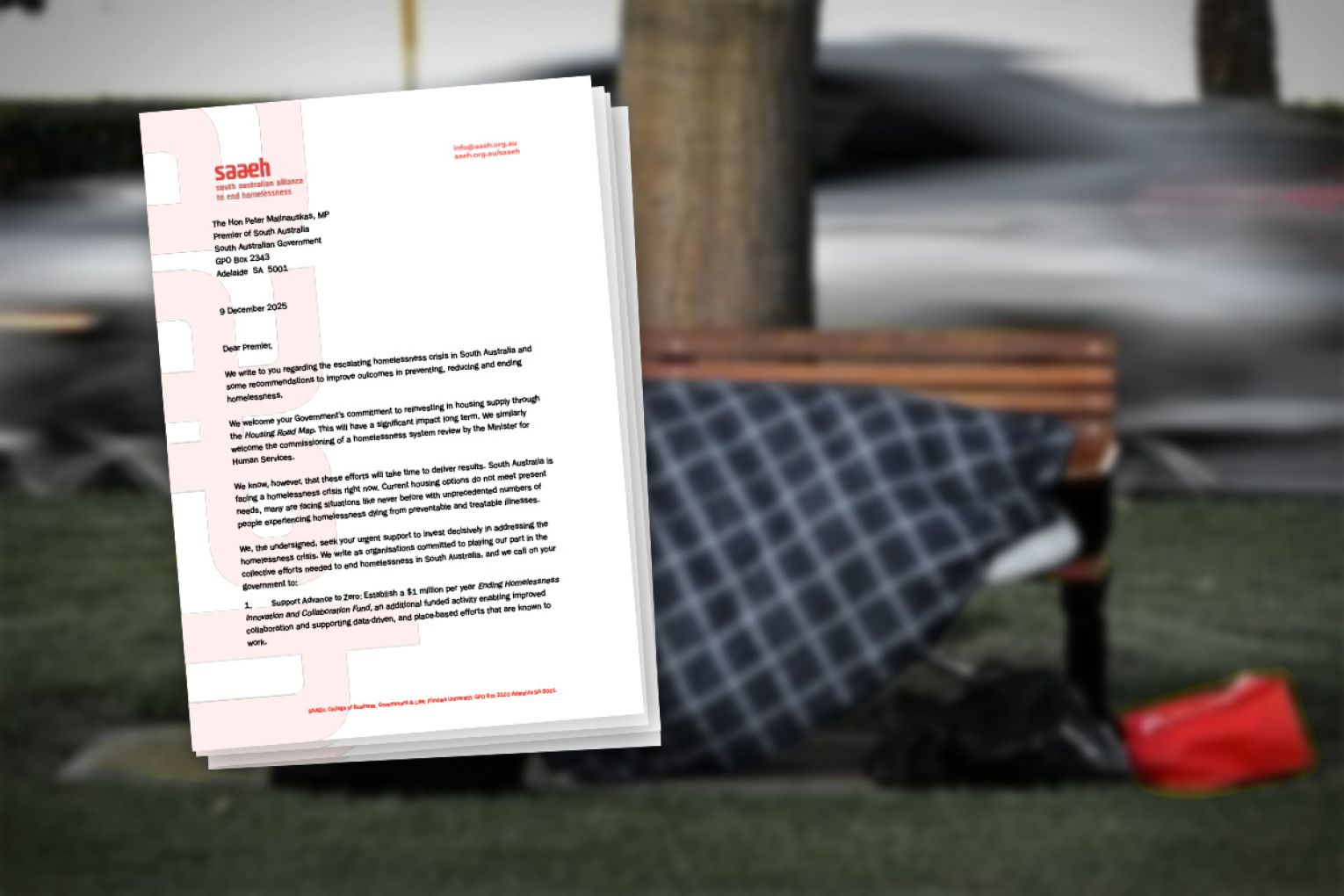 A coalition of 32 organisations has sent a letter to the Premier demanding action on homelessness. Photo: File. Graphic: James Taylor/InDaily