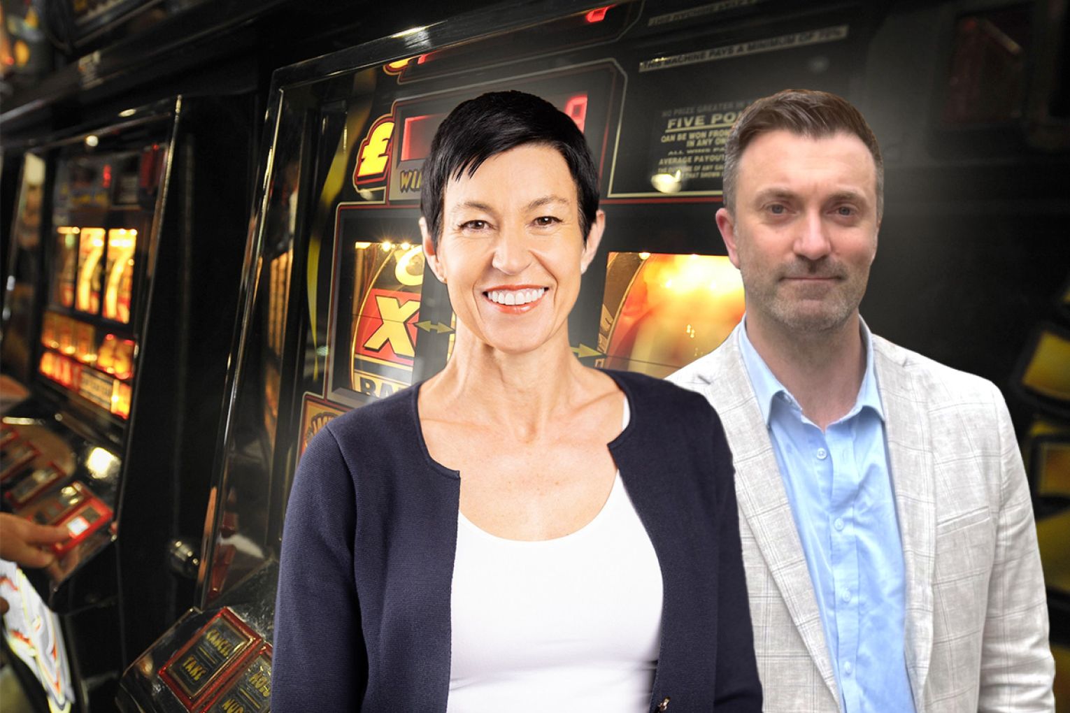 The SA Greens plan would see pokies phased out in pubs and clubs by 2030. Pictured: AHA SA CEO Anna Moeller and SA Greens MLC Robert Simms. Graphic: James Taylor