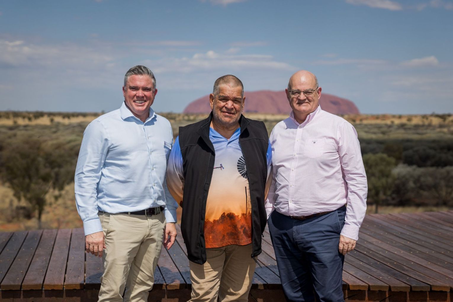 Matt Cameron Smith Voyages CEO, Leroy Lester Chair Yulara Anangu Corporation, Chris Tallent Journey Beyond CEO. Photo: Supplied
