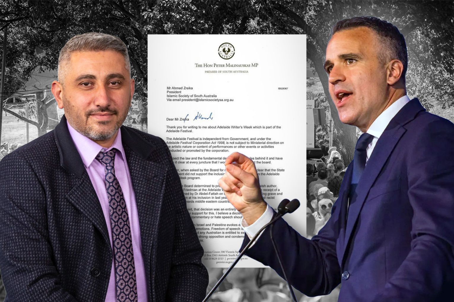 Premier Peter Malinauskas responded to concerns from SA's Muslim community about the Writers' Week saga. Pictured: Ahmed Zreika and Premier Peter Malinauskas. Graphic: James Taylor