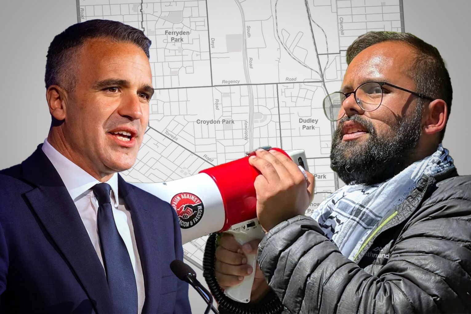 Activist Ahmed Azhar will take on Premier Peter Malinauskas in the seat of Croydon. Photos: Frankie the Creative/Supplied. Graphic: James Taylor/InDaily.