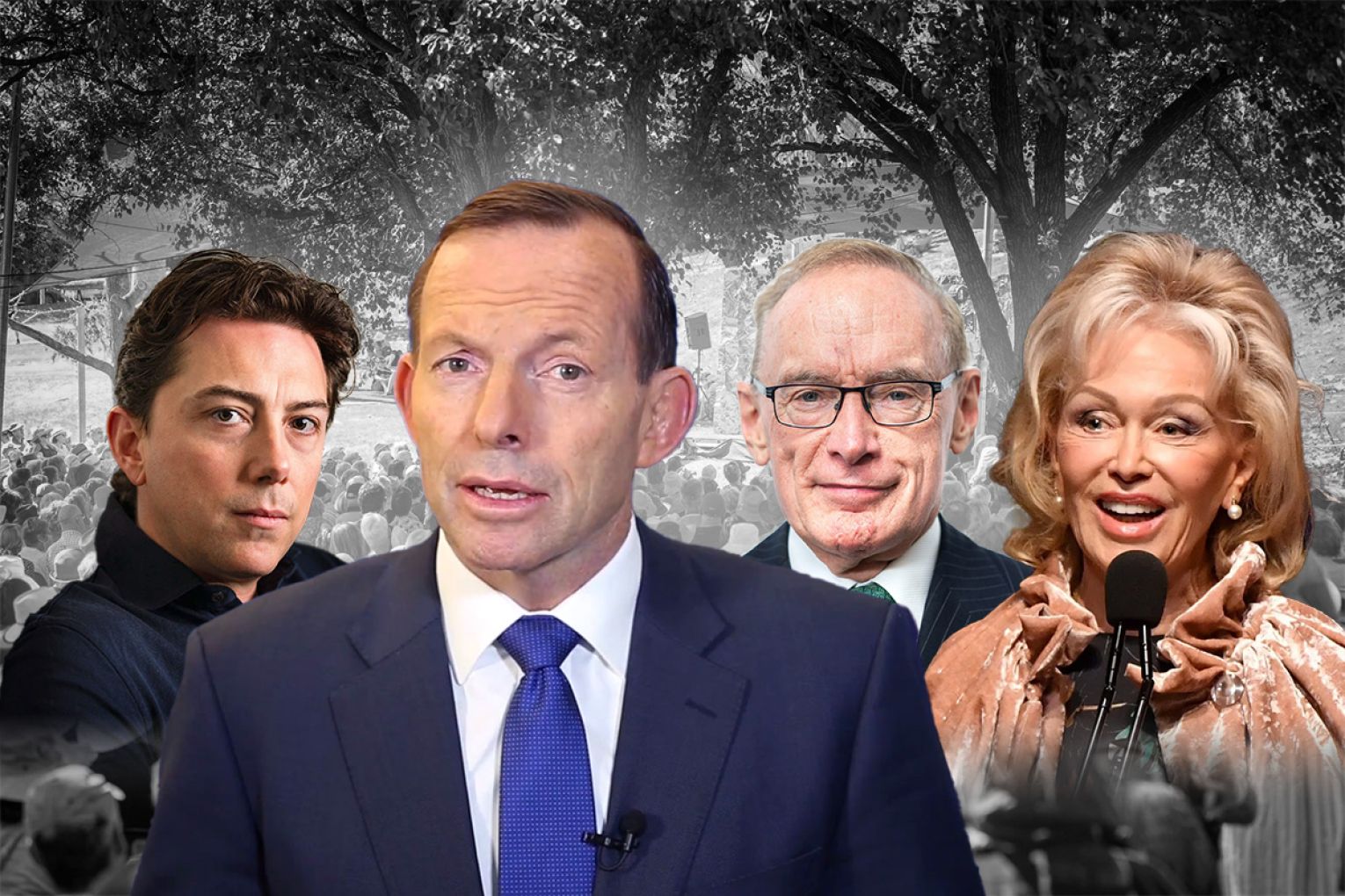 Joe Aston, Tony Abbott, Bob Carr and Blanche d’Apluget will be paid an honourarium after Writers' Week 2026 was canned. Graphic: James Taylor/InDaily.